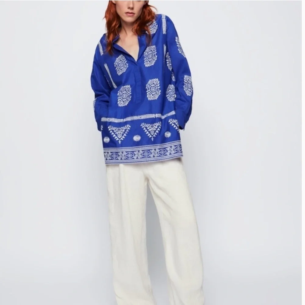 Zara Blue Embroidered Tunic Top